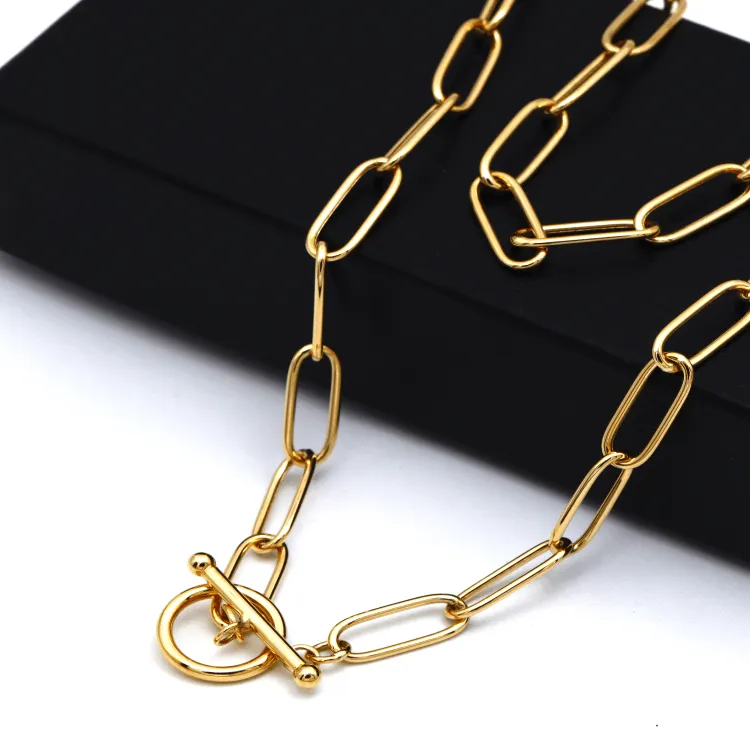 Real Gold Round Lily T-bar Bigger Paper Clip Necklace 2531 N1415