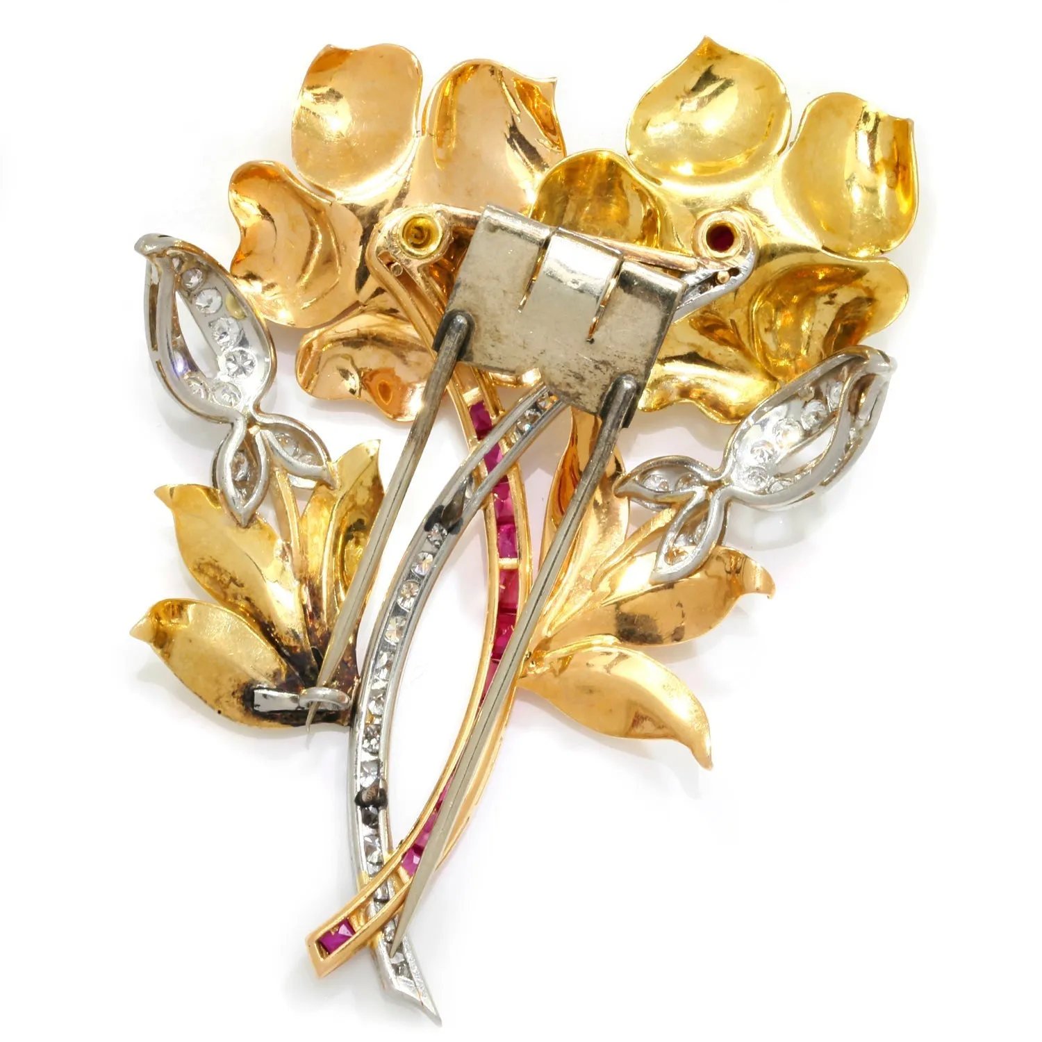 Retro Double Rose Brooch with Rubies and Diamonds in Platinum/Gold