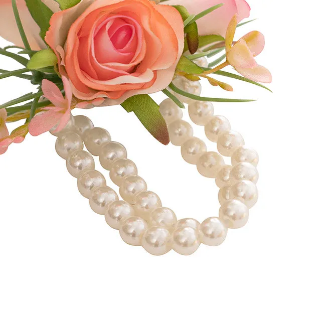 Rose Corsage with Pearl Wrist Bracelet - Pink