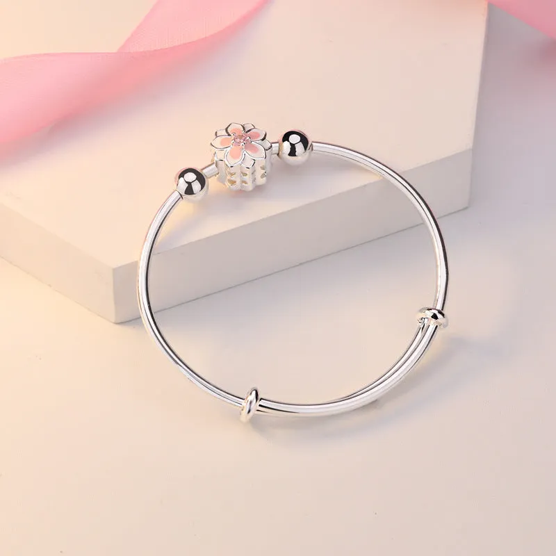 Rotating Copper Swan Bead Silver Bangle Bracelet