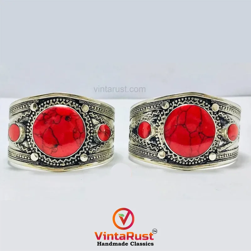 Round Shaped Stones Boho Tribal Cuff Bracelet