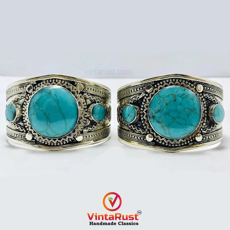 Round Shaped Stones Boho Tribal Cuff Bracelet
