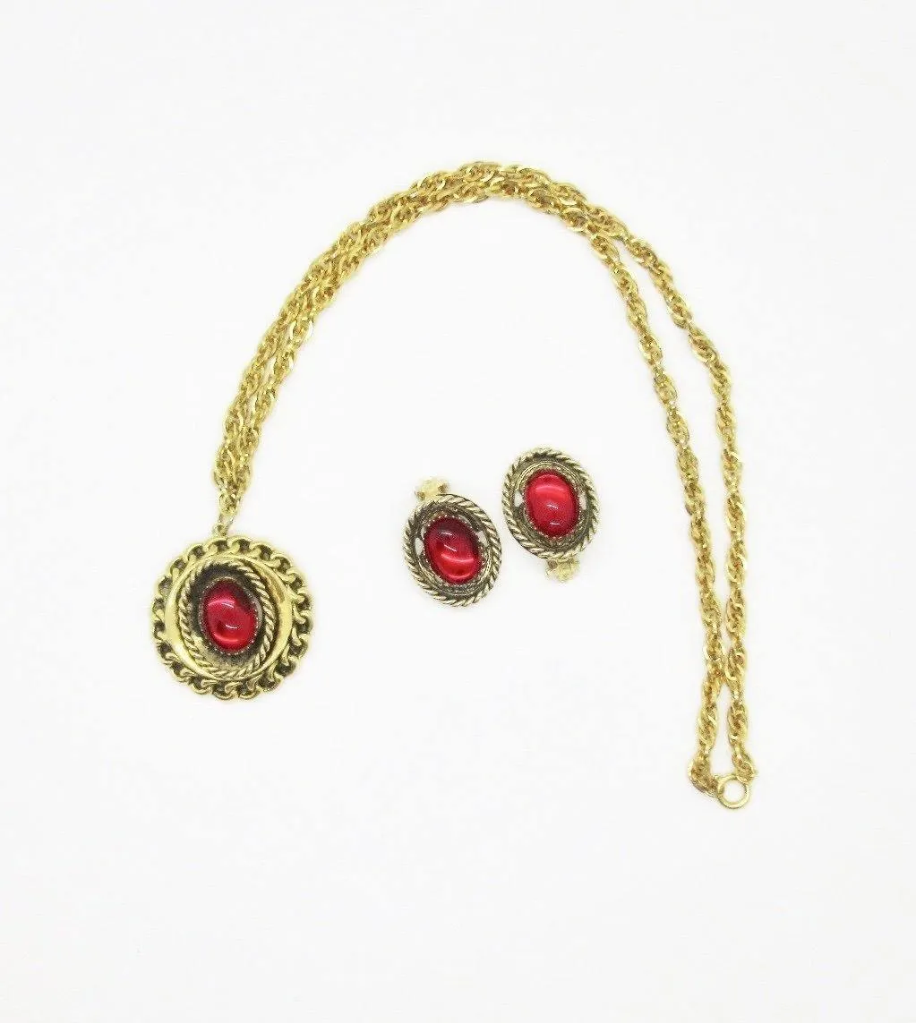 Ruby Red Old World Vintage Cabochon Necklace and Earrings