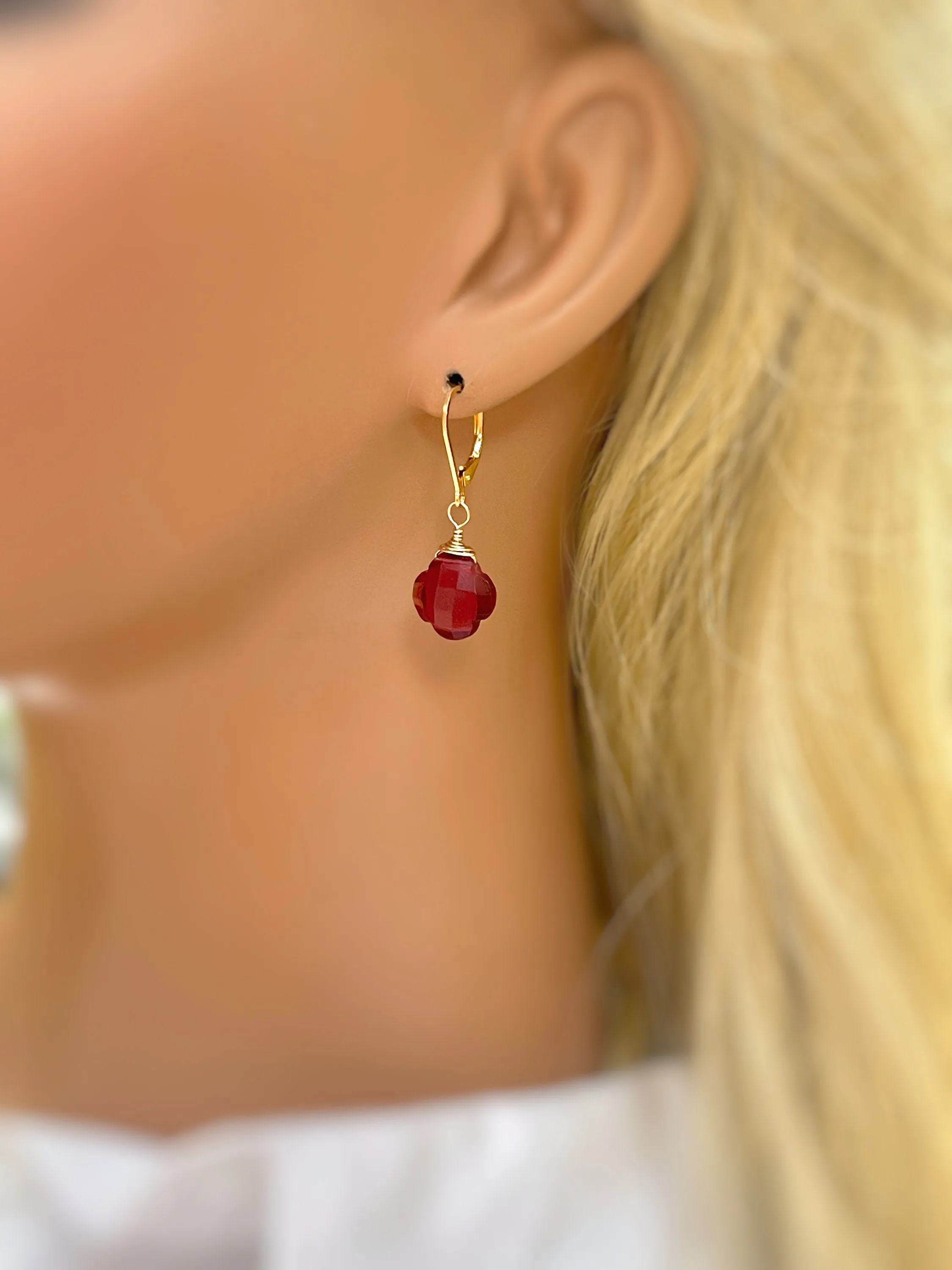 Ruby Red Quartz Clover Earrings