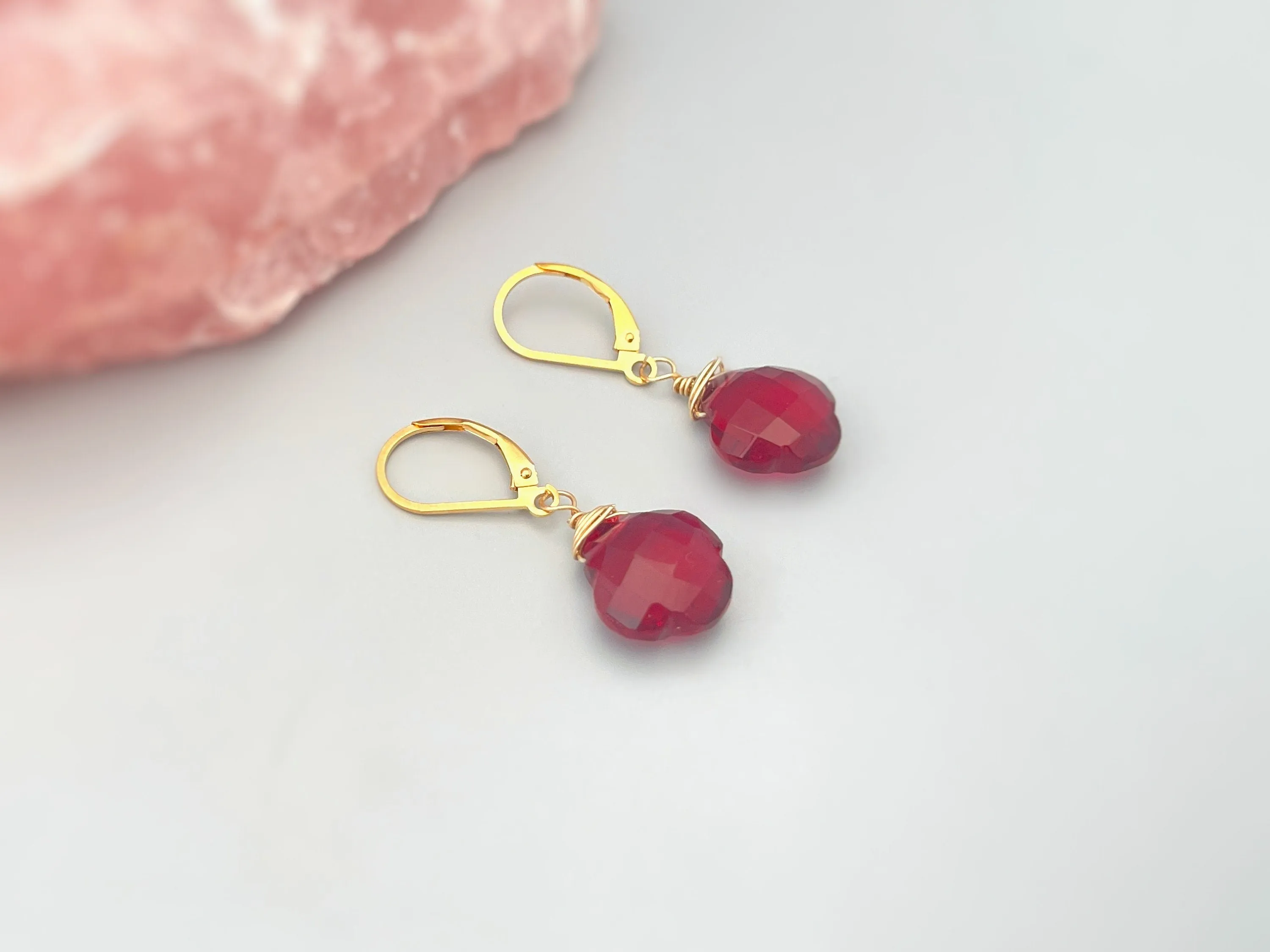 Ruby Red Quartz Clover Earrings