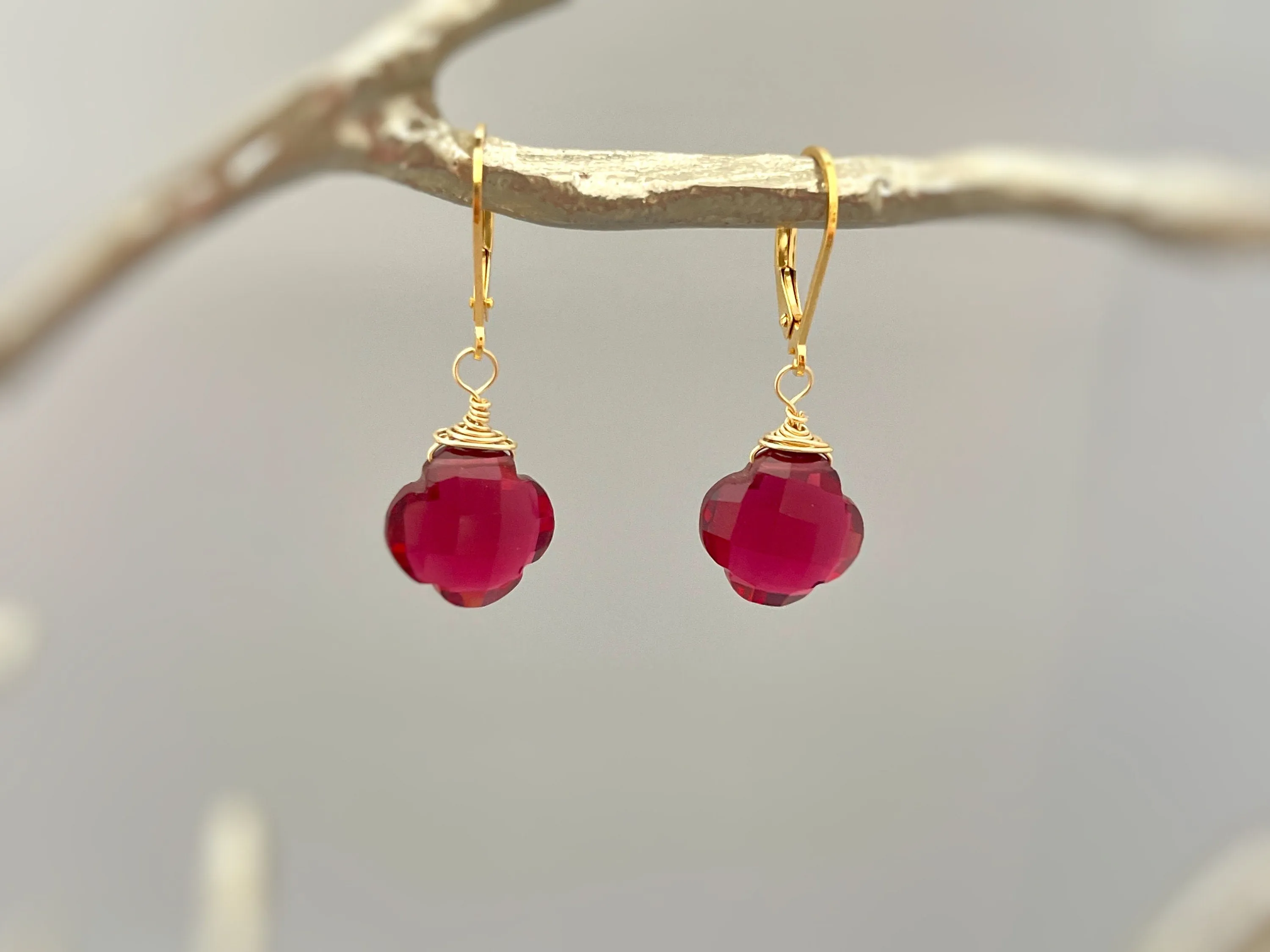 Ruby Red Quartz Clover Earrings