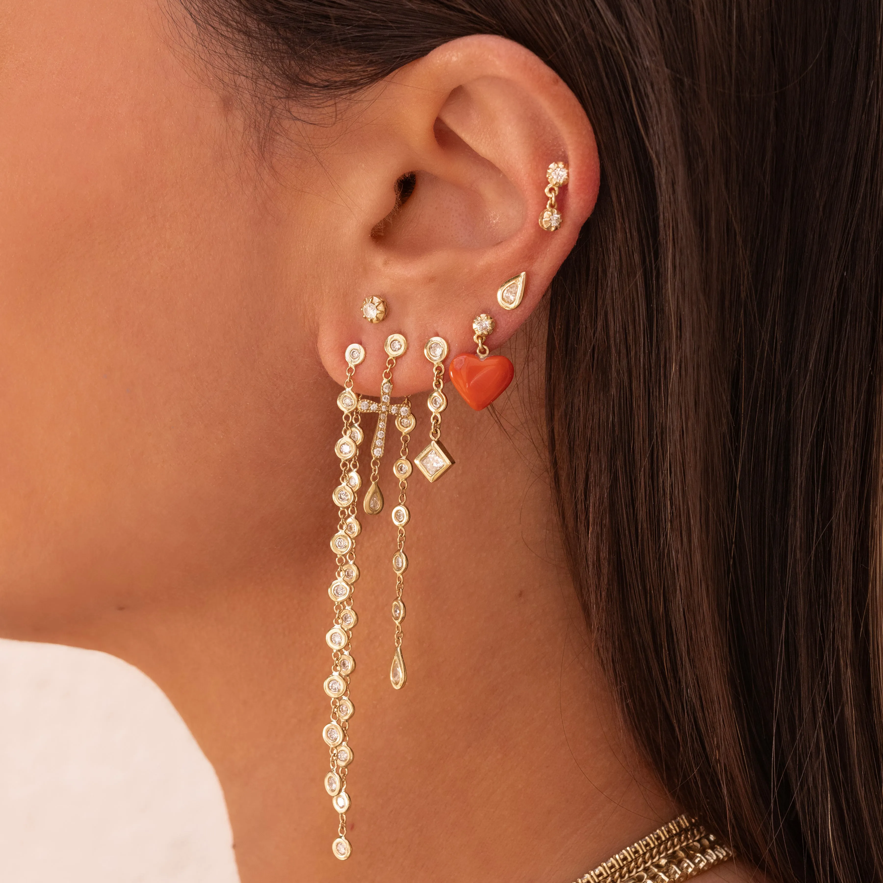 SOPHIA DIAMOND   SMALL CORAL HEART DROP STUD EARRING
