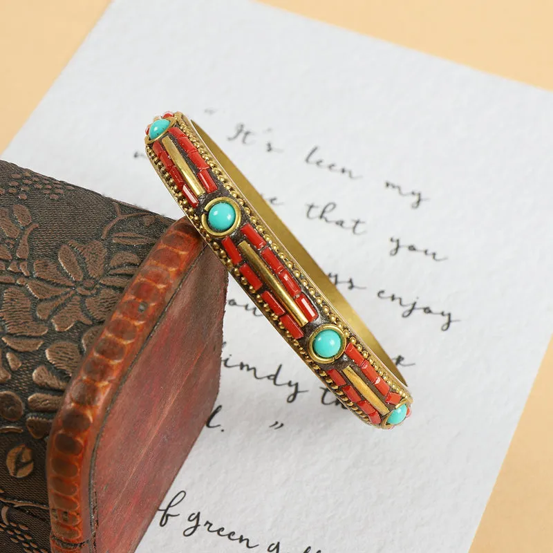 Tibetan Nepalese Bracelet National Style Retro Pure Copper Inlaid Turquoise Tibetan Handmade Bracelet