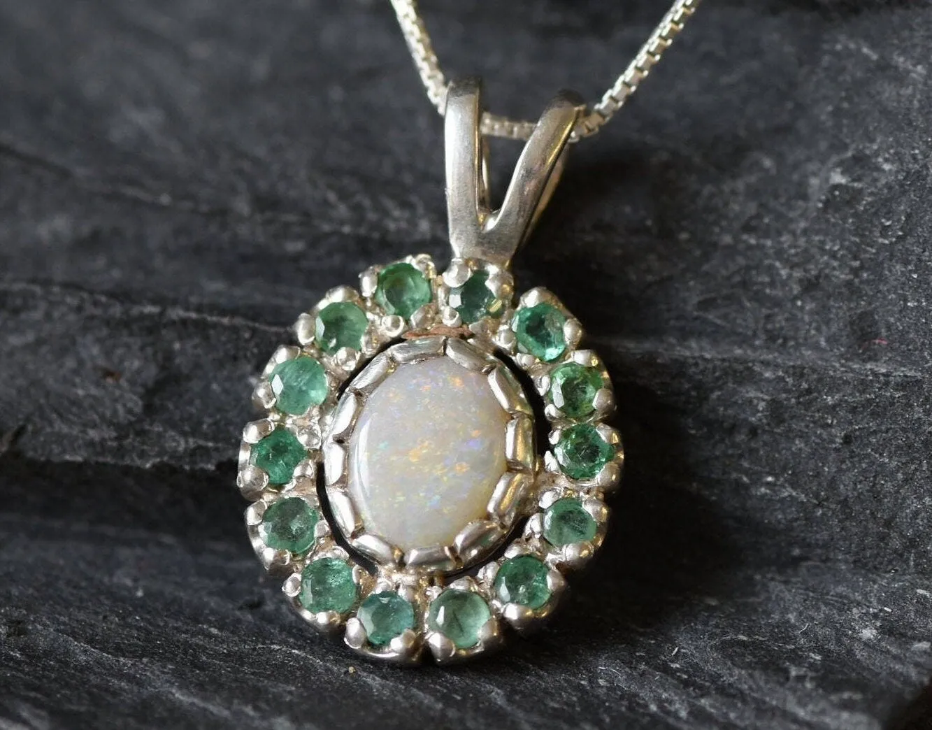 Victorian Opal Necklace - Opal Flower Necklace - White Green Pendant