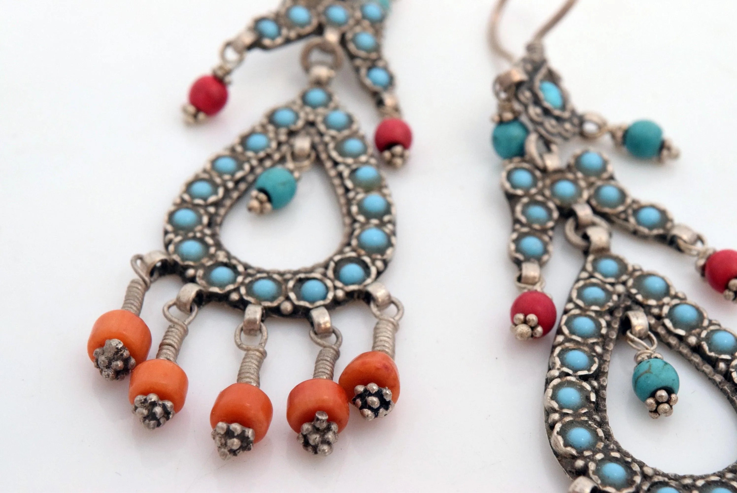 Vintage Afghani Uzbek Style Silver Turquoise and Coral Long Earrings