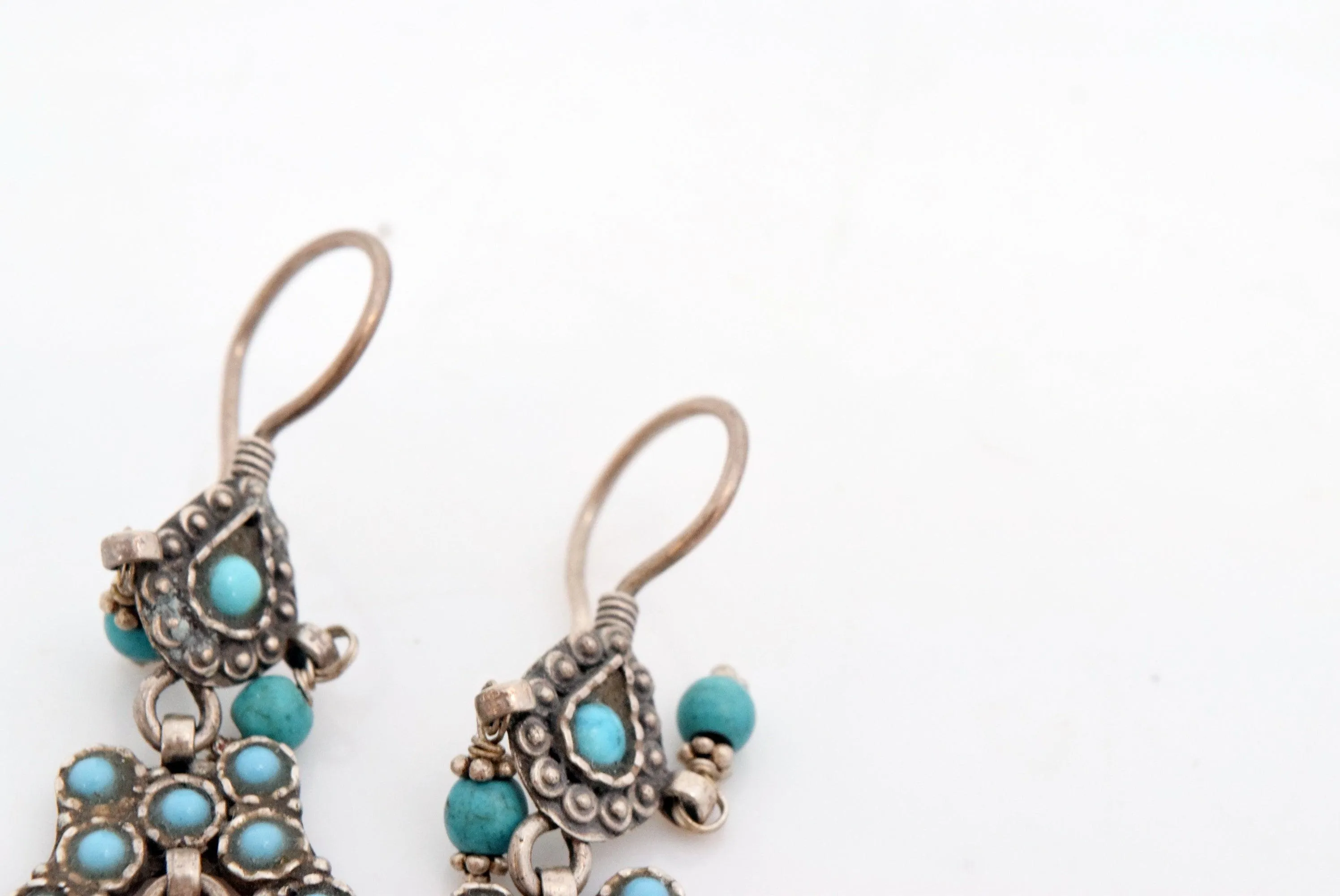 Vintage Afghani Uzbek Style Silver Turquoise and Coral Long Earrings