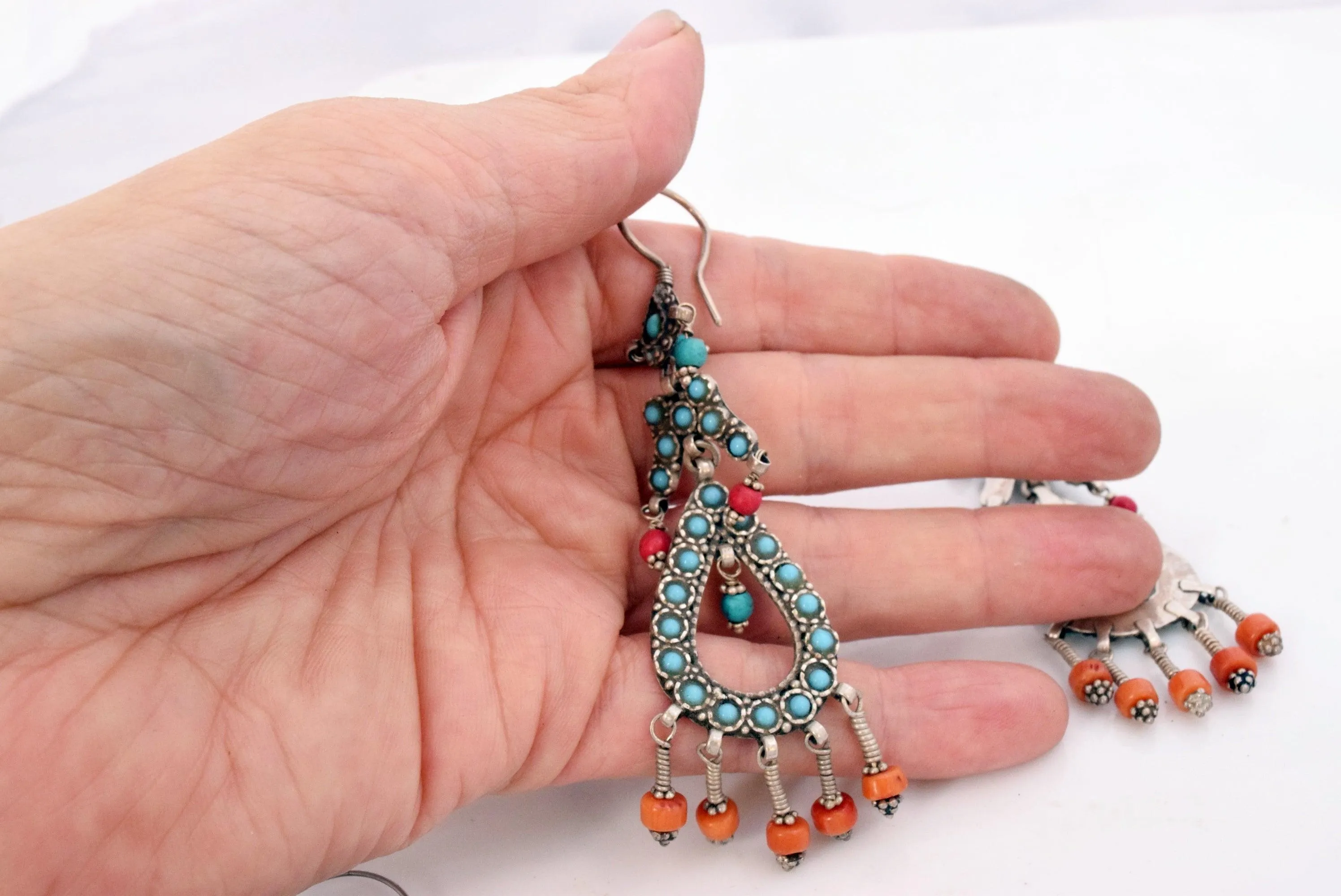 Vintage Afghani Uzbek Style Silver Turquoise and Coral Long Earrings