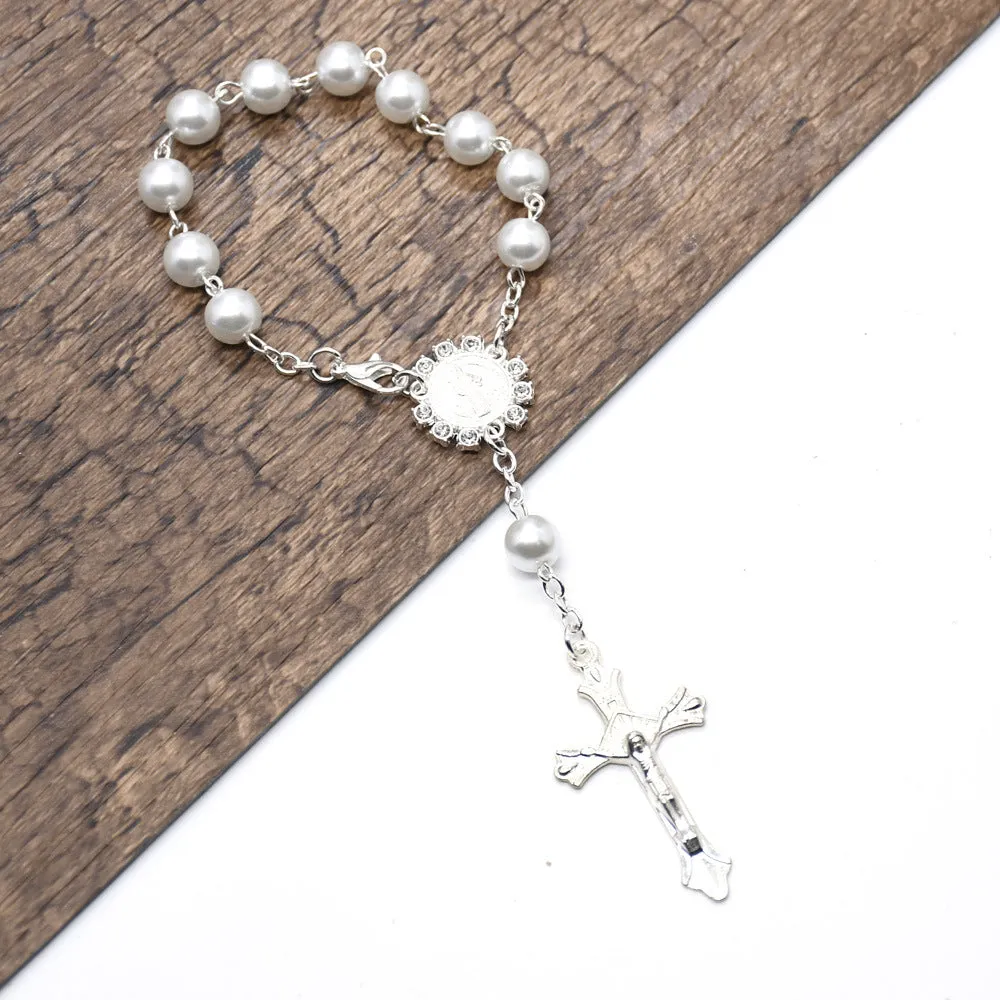Virgin Mary Cross Bracelet With Pearl Rosary