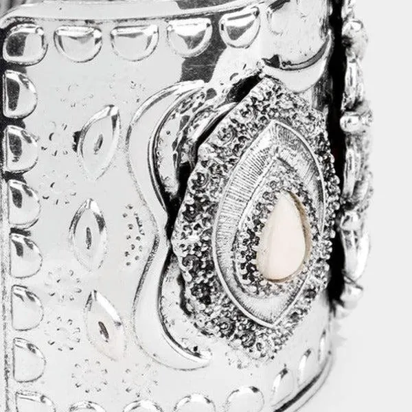 White Teardrop Howlite Western Cuff Silver Bracelet