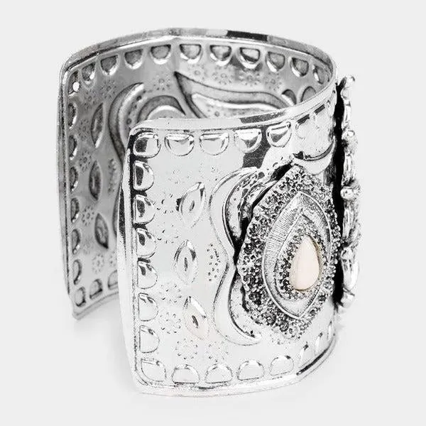 White Teardrop Howlite Western Cuff Silver Bracelet