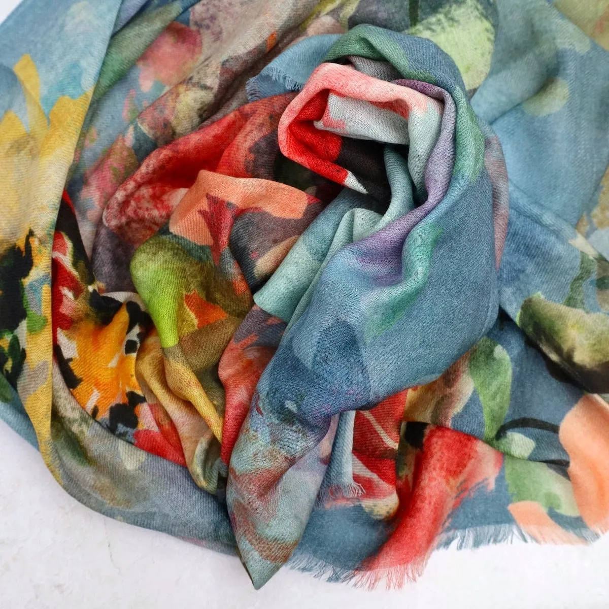 Wool/Silk Scarf - Floral on Blue