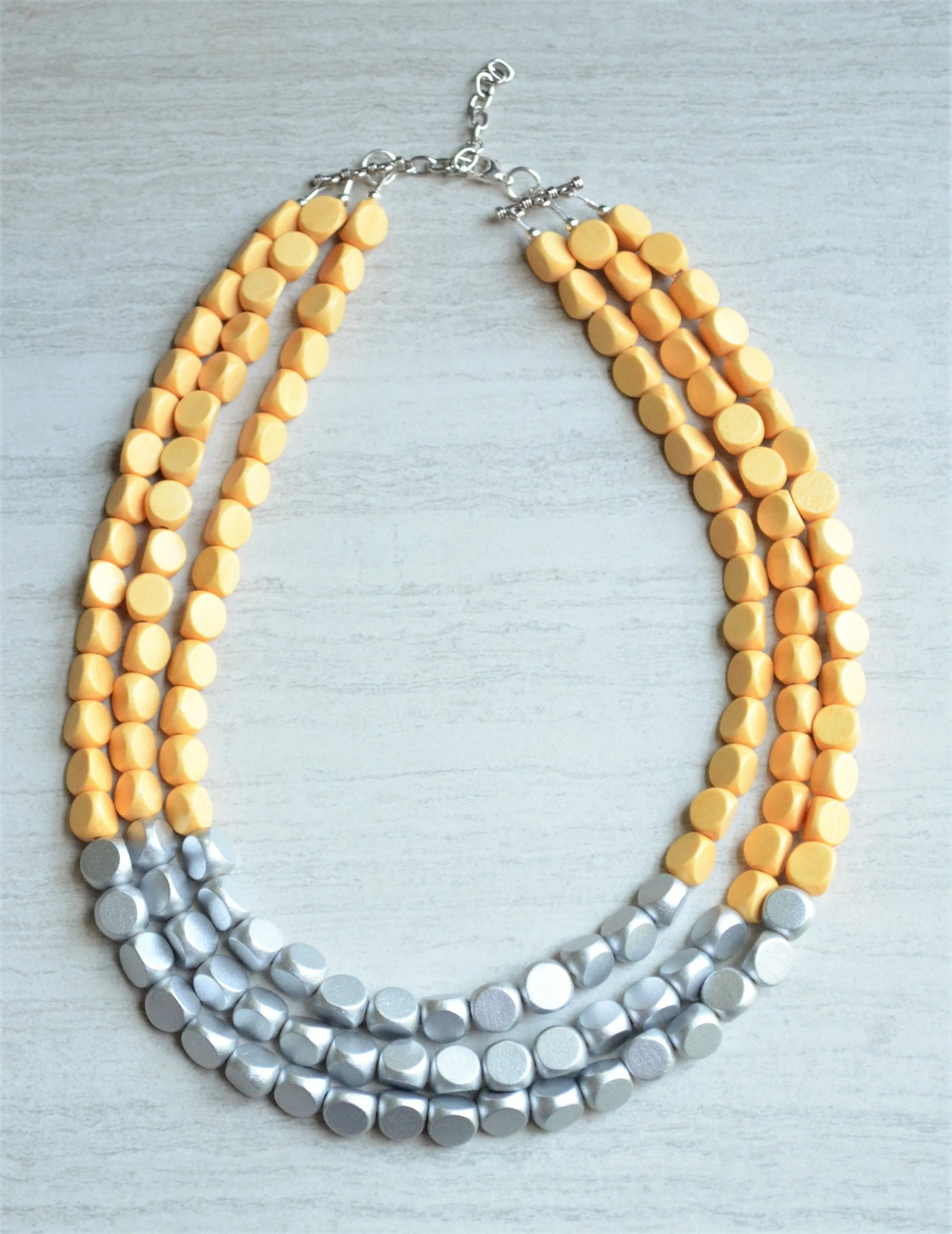Yellow Silver Wood Beaded Multi Strand Boho Statement Necklace - Lisa