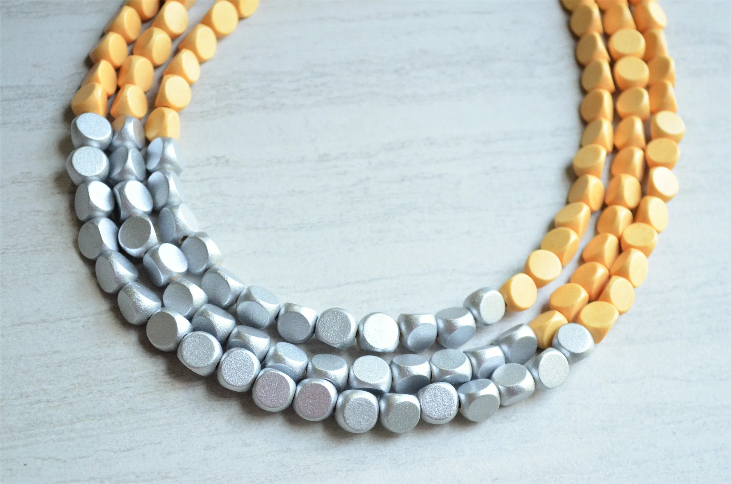 Yellow Silver Wood Beaded Multi Strand Boho Statement Necklace - Lisa