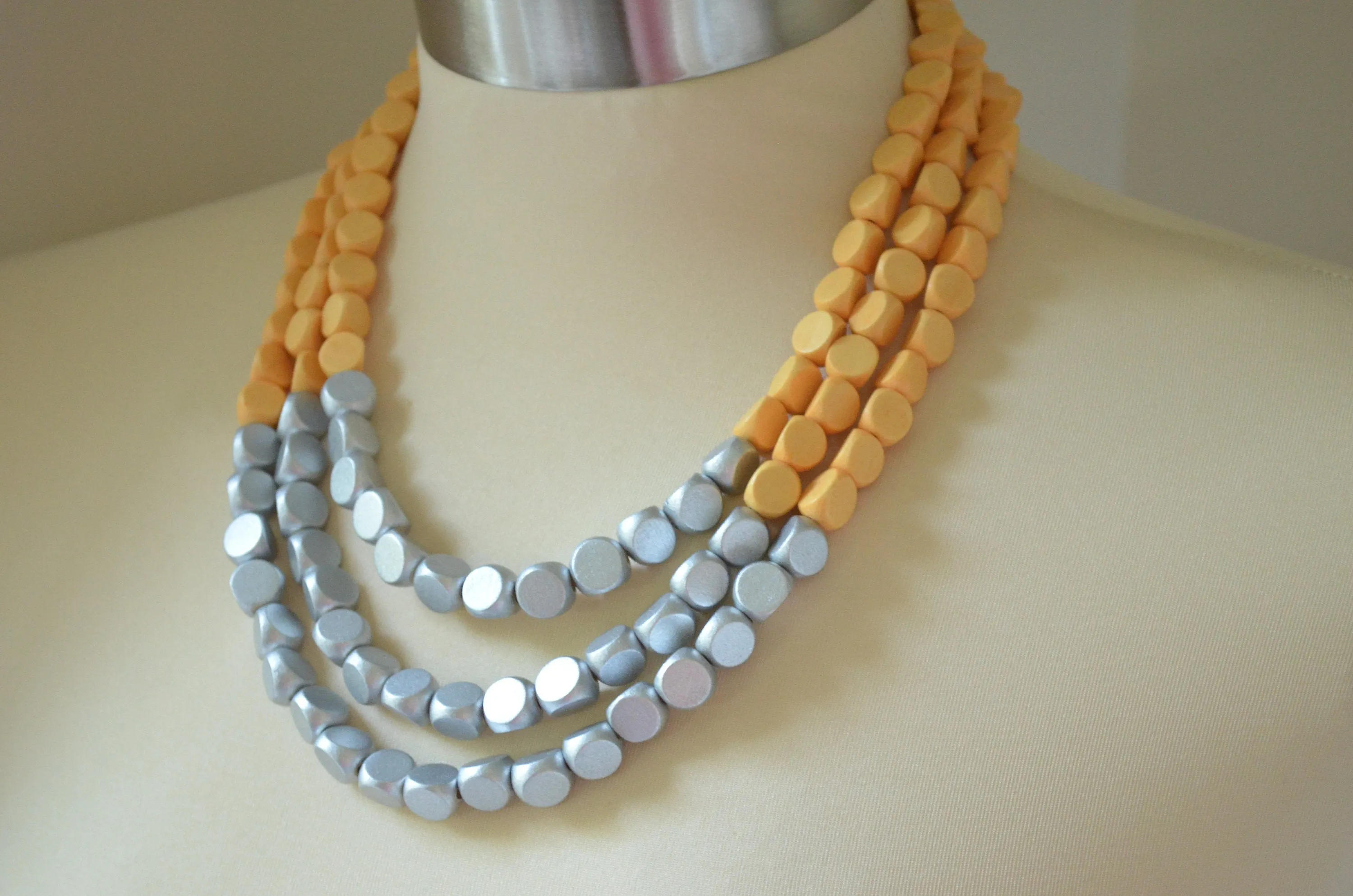 Yellow Silver Wood Beaded Multi Strand Boho Statement Necklace - Lisa