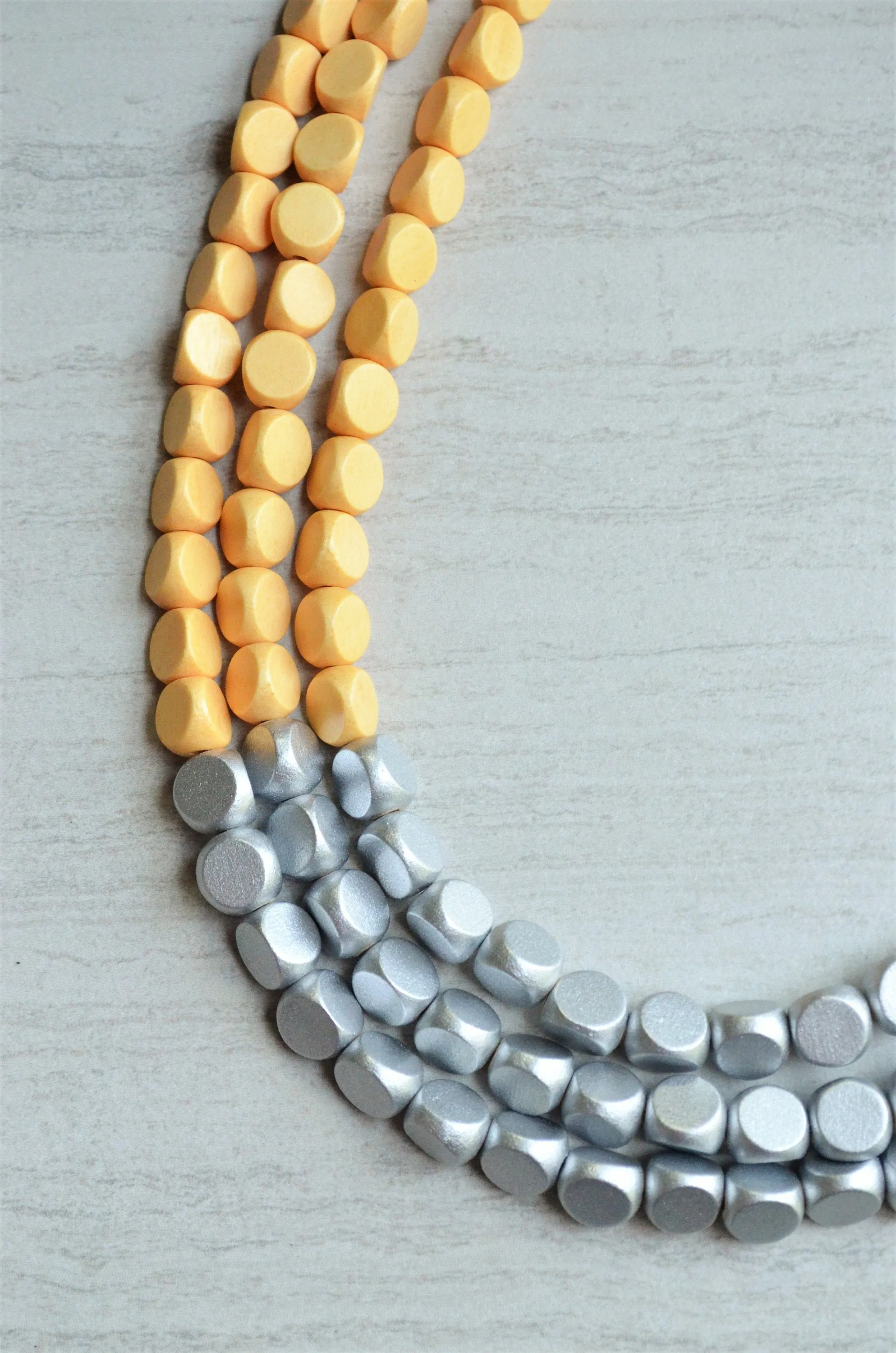 Yellow Silver Wood Beaded Multi Strand Boho Statement Necklace - Lisa